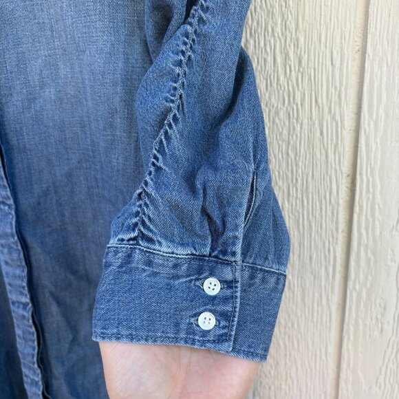 Frame Shirred Sleeve Button Up Shirt Women's Small Blue Denim Chambray Office - Picture 6 of 11